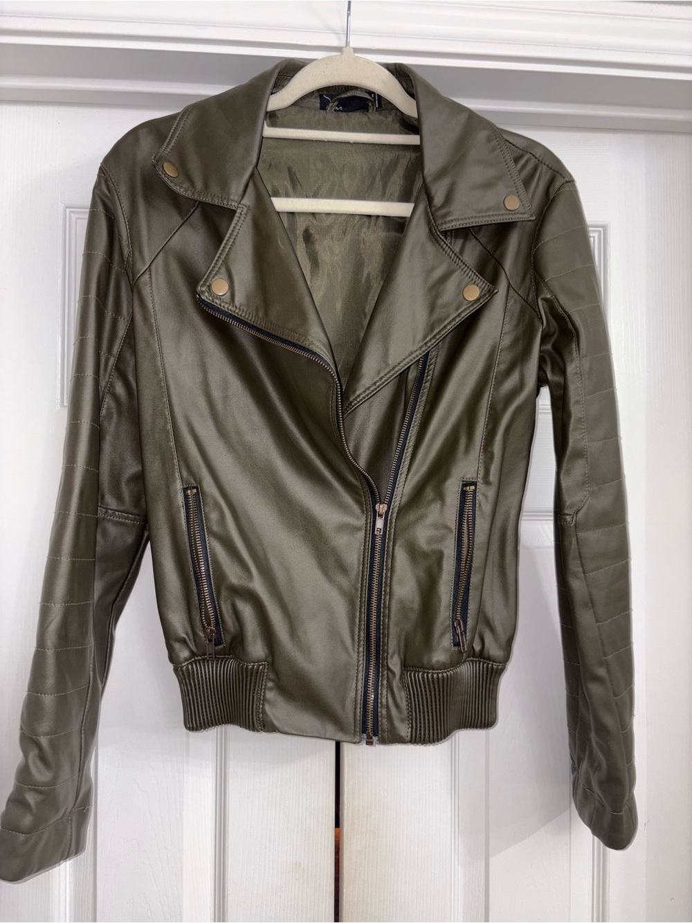 Women’s Olive Green Faux Leather Moto Jacket